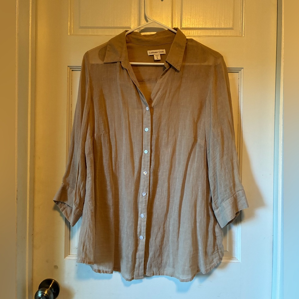 Coldwater Creek Tan 3/4 Sleeve Button Down Shirt